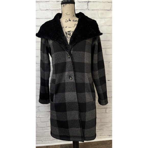 Steve Madden‎ Size Med Lake Ode Faux Fur Buffalo Plaid Check Gray Black Coat - Picture 1 of 14